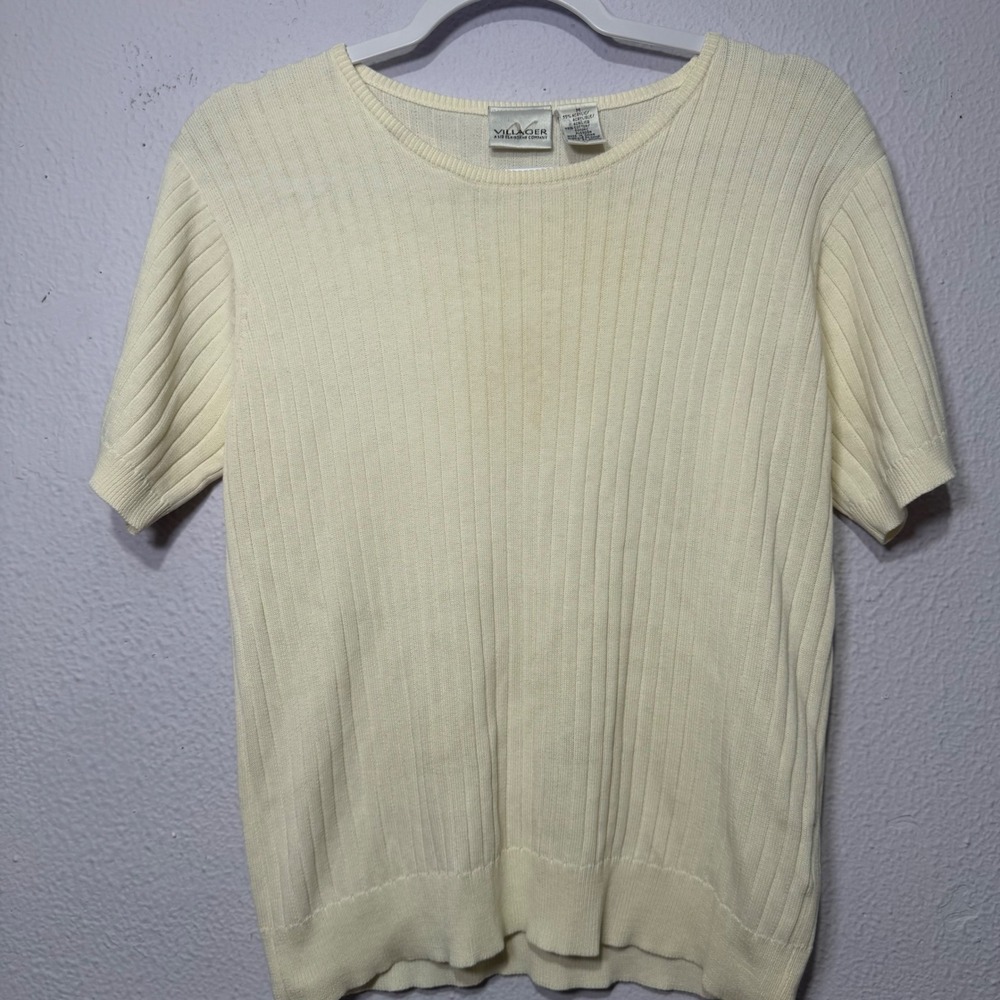 Vintage Villager Ribbed Knit Short Sleeve Top L Cream Minimalist Preppy Casual